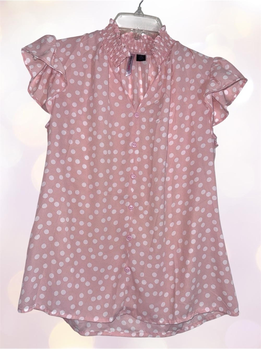 Love By Design Pink Polka Dot Blouse Ruffle Neck Cap Sleeves Button Details S